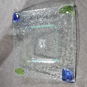 L'oiseau de bois Square Textured Fused Glass Dish Blue Green Accents NWOT